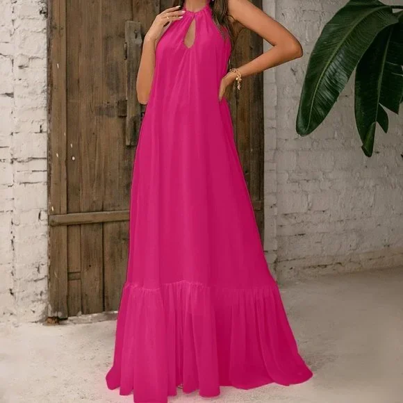 Hot Pink Tie Backless Halter Dress - Picture 3 of 5